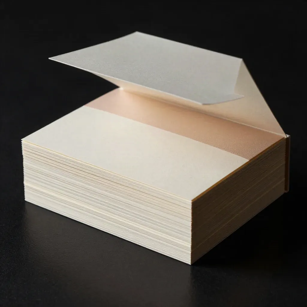 Open thank-you card box with stacked cream cards and blush-gold belly band on a dark surface