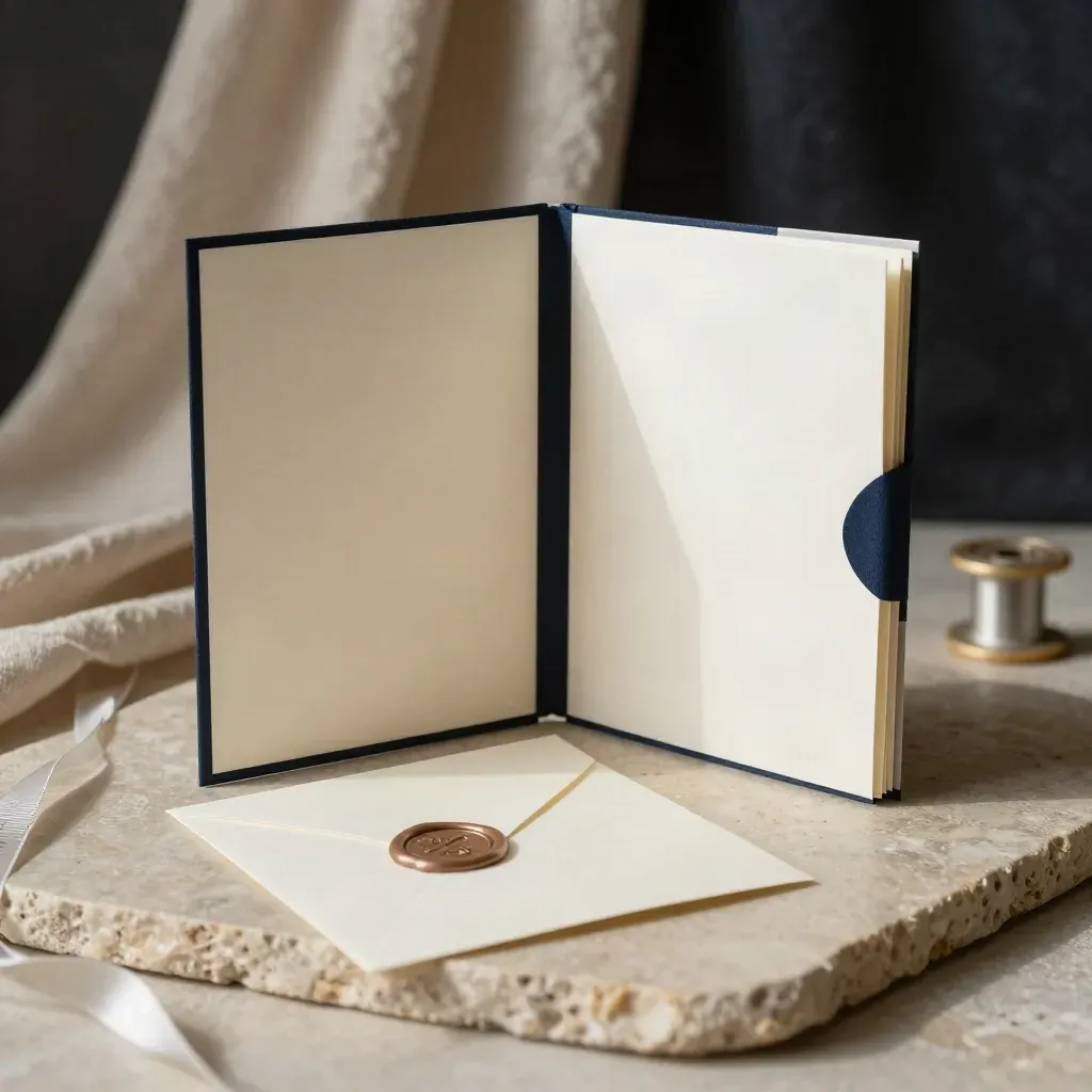 Paired vow cards in a navy ribbon folder on limestone, softly lit with a ceremonial feel.