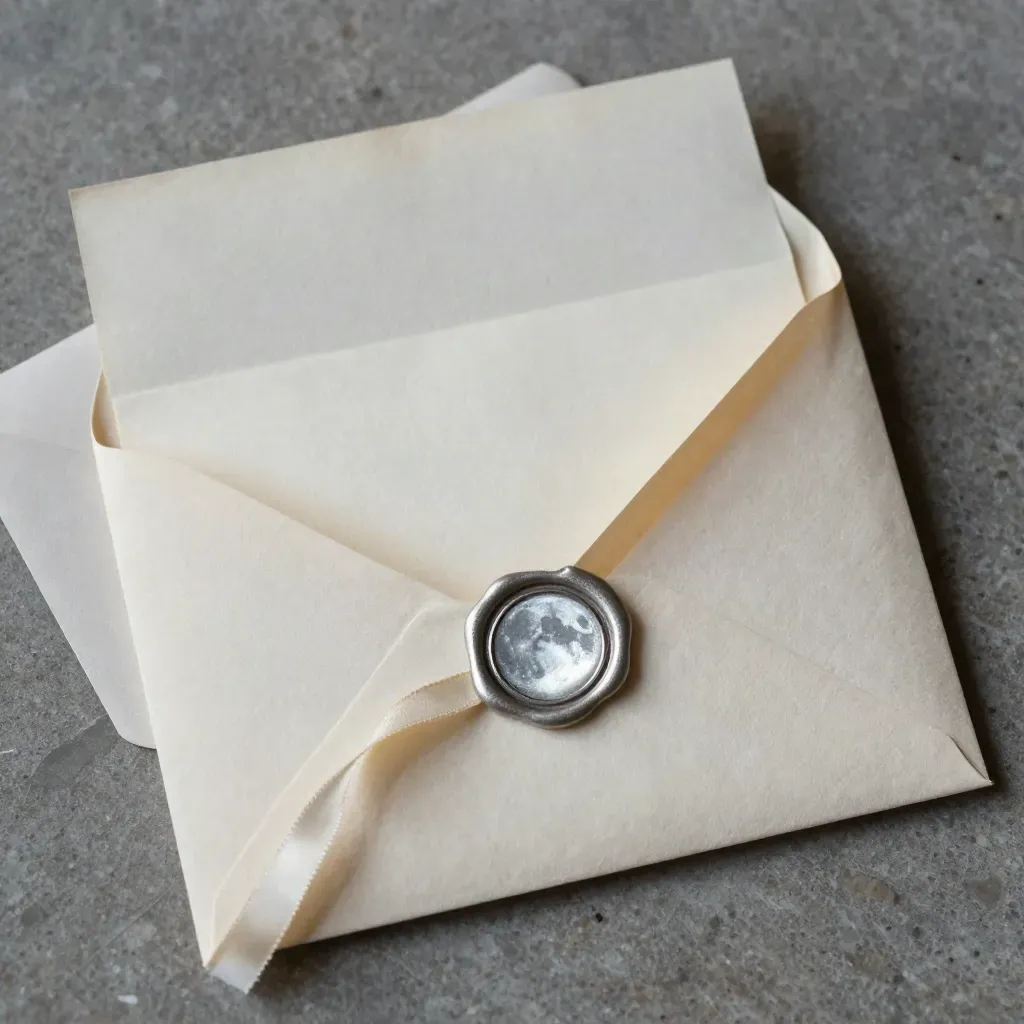 Close-up of a folded letter bundle with wax seal, ribbon edge, and paper texture on stone.
