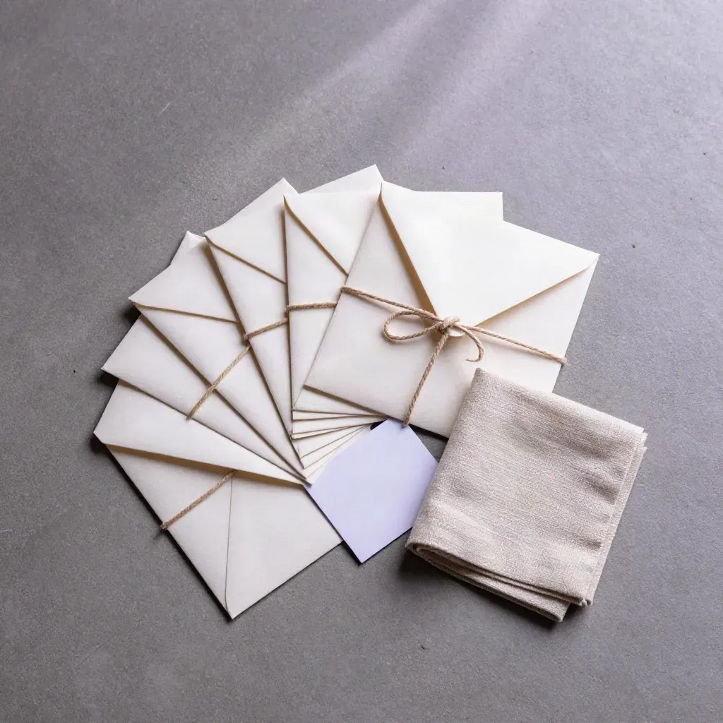 Overhead linen envelope pack tied with cord on stone, with a face-down card and soft lavender tint.