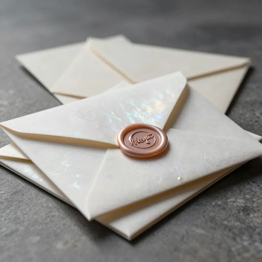 Four pearl greeting cards with matching envelopes and a blush-gold wax seal on graphite stone.