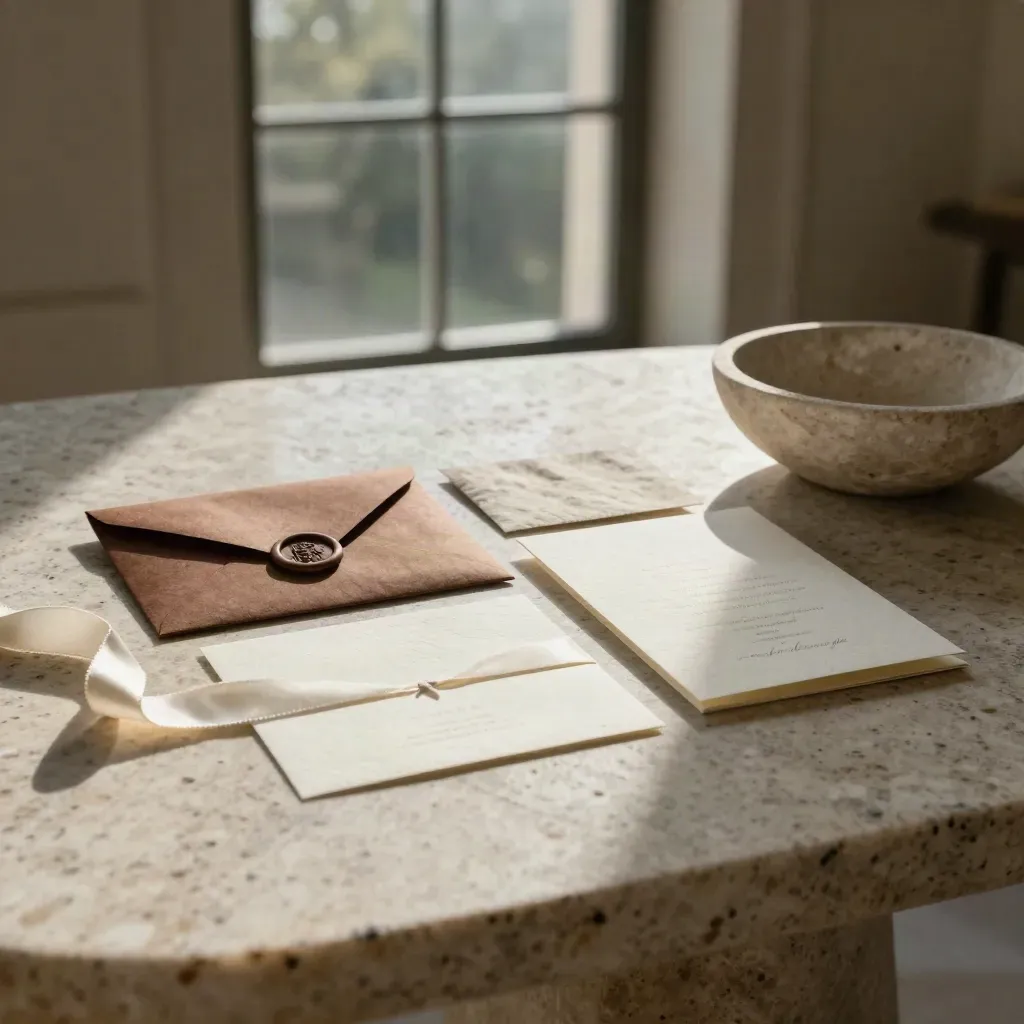 Travertine table with a wedding invitation suite and wax seal by an arched window.