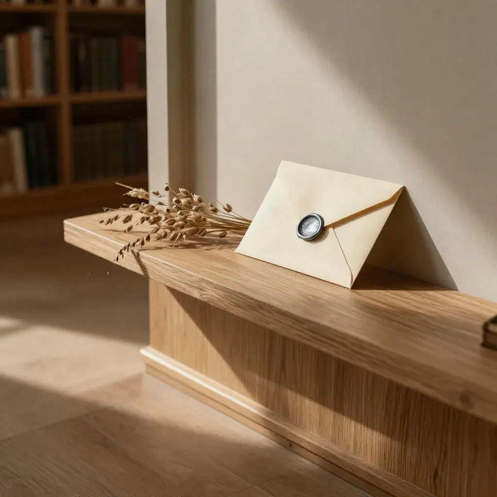 Oak library corner with folded letters, wax seal, dried stems, and calm sunlit space for copy.