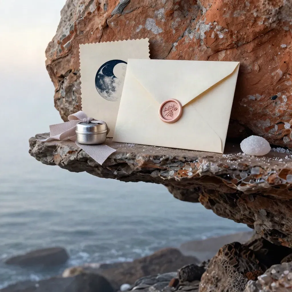Misty coast vignette with wax-sealed stationery on a rock shelf above blurred sea