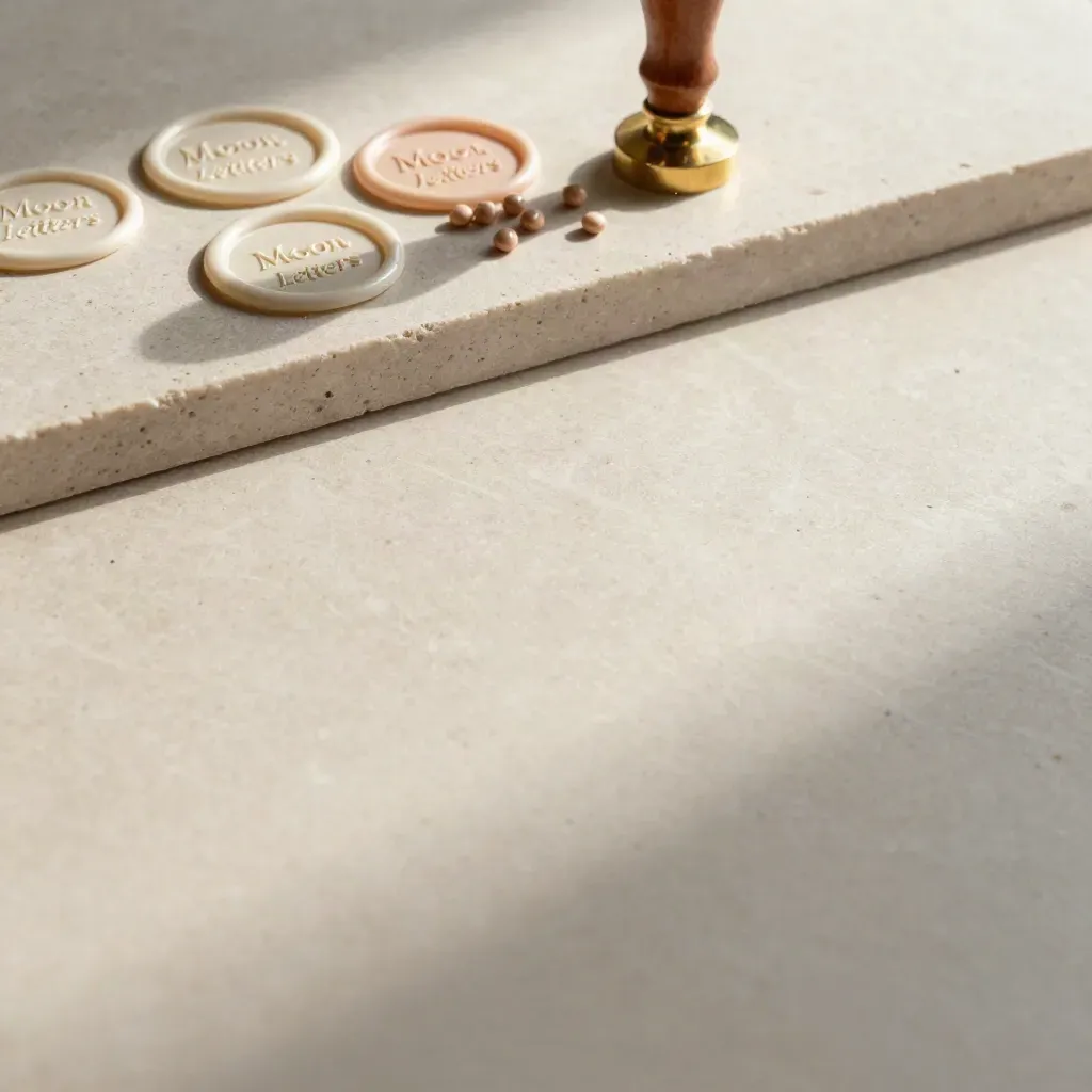 Wax seal add-ons on brushed stone in soft morning light, calm copy space below.