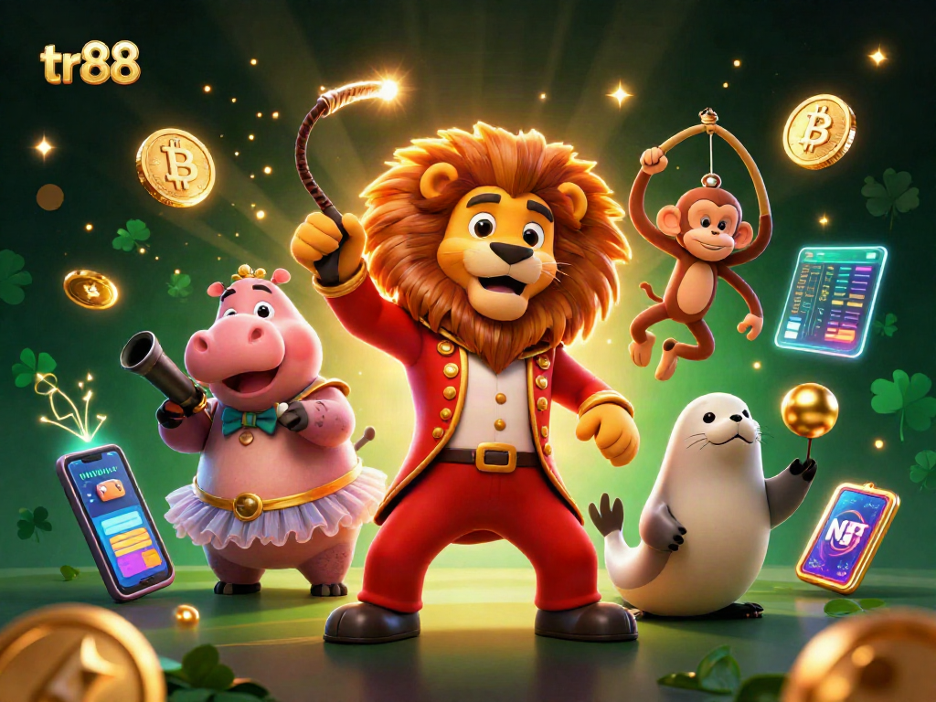 Engage with tr88's vibrant circus-themed crypto casino scene featuring lions, hippos, and exciting gameplay.