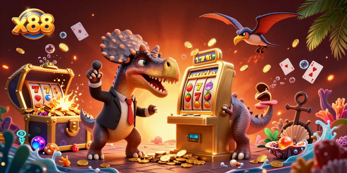 x88 jackpots erupt as a dinosaur hits a golden slot machine, capturing thrilling casino moments.