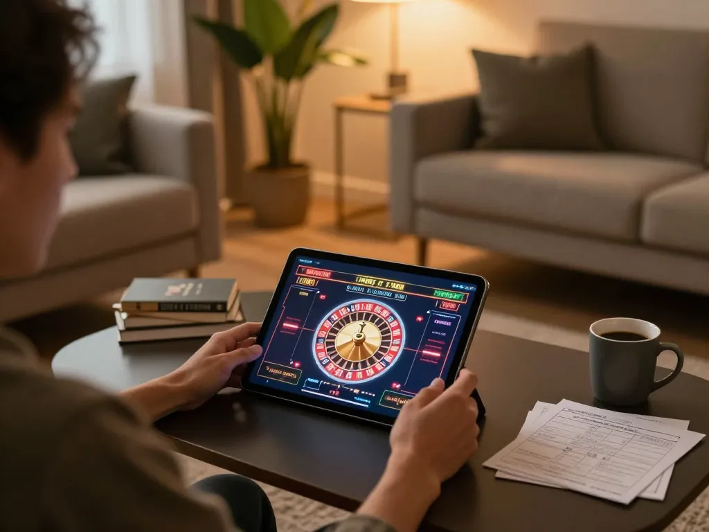 Player engaging with OPEN88 roulette game on a tablet in a cozy home environment.