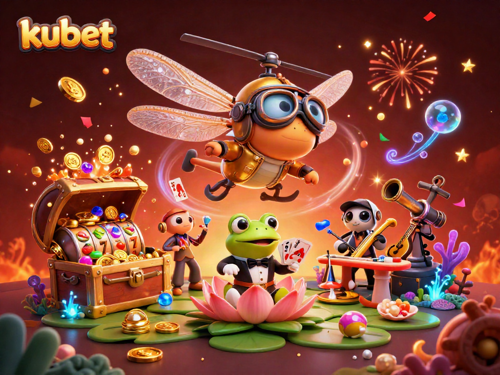 Kubet gaming scene with a dragonfly pilot, a frog dealer, and jazz musicians celebrating wins.