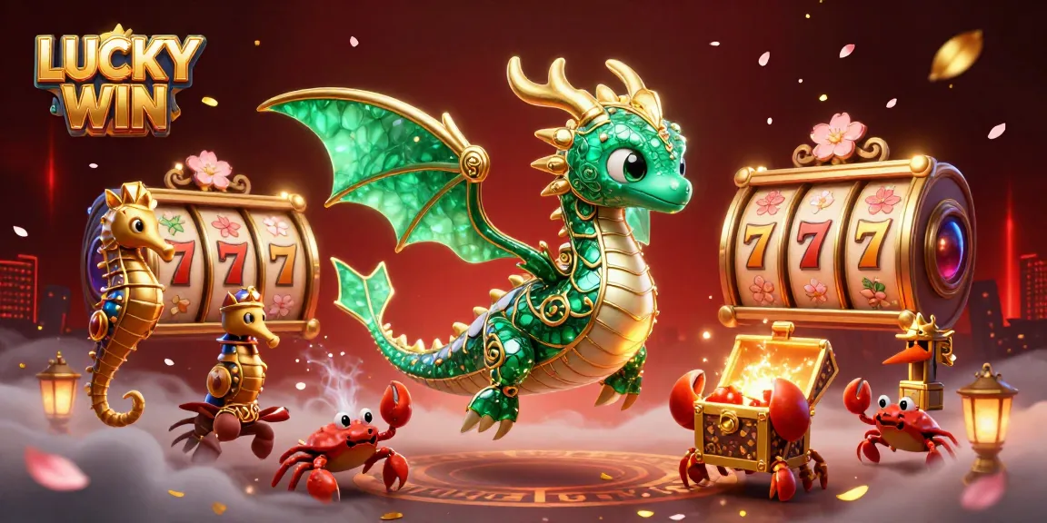 LUCKY WIN captures the vibrant essence of an exciting casino experience with dynamic slot reels and sparkling characters.