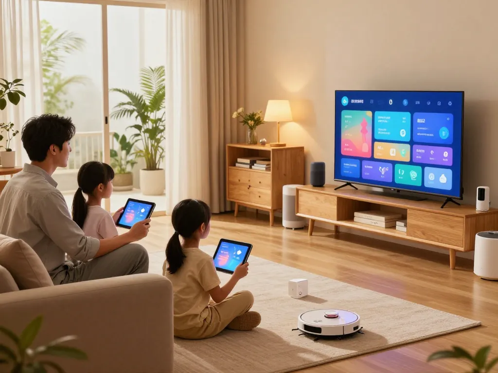 Family enjoying tech gadgets for home in a cozy living room with smart devices and warm lighting