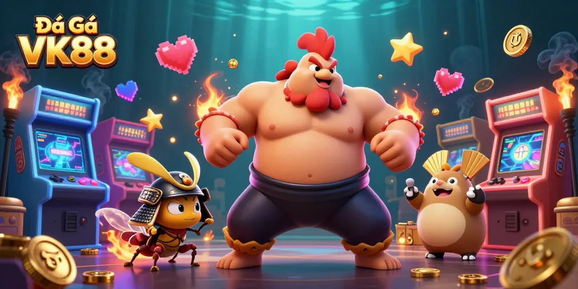 Engage in thrilling Đá Gà VK88 action with powerful rooster and fighting cricket amidst vibrant gaming elements.