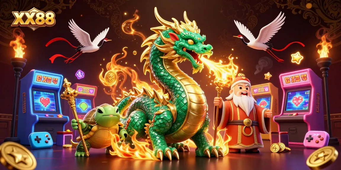 Experience thrilling action with the XX88 dragon, arcade games, and lucky symbols in this vibrant scene.