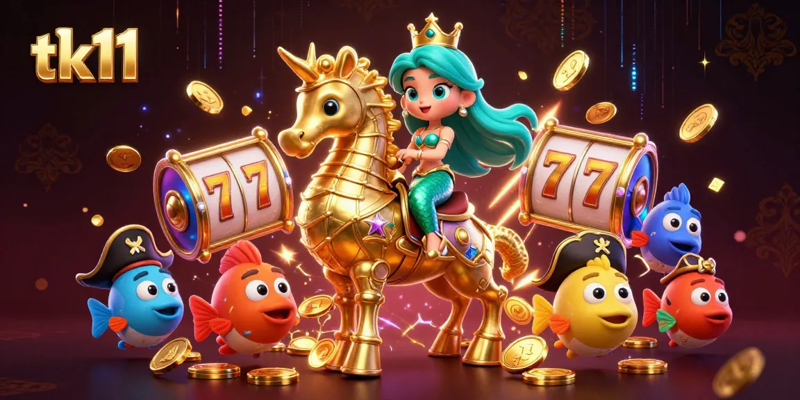 Engage with tk11's thrilling gaming experience featuring a mermaid princess, giant seahorse, and casino elements.