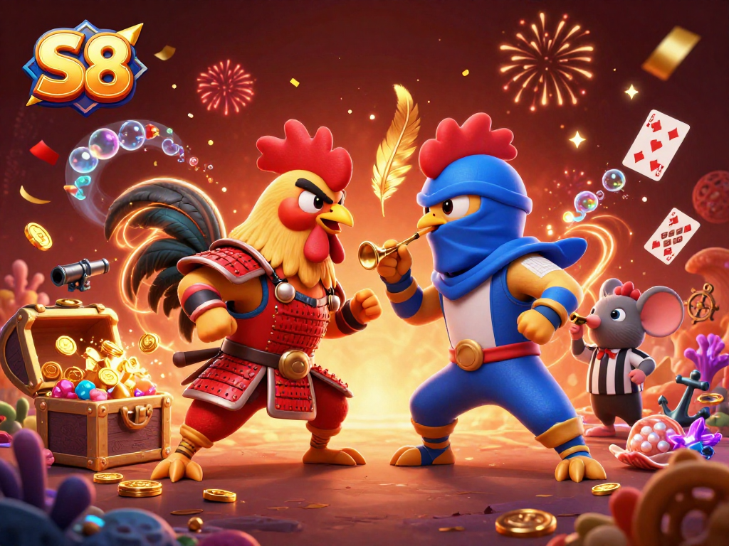 S8 offers thrilling bets featuring mighty roosters in combat with shimmering treasures in a vibrant scene.