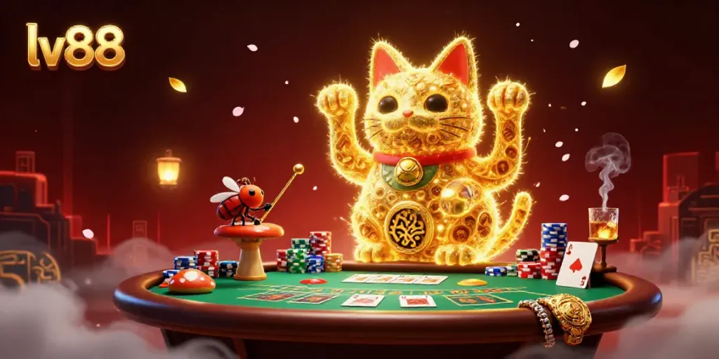 Experience the thrill of lv88 with a vibrant 3D illustration of casino elements and a lucky cat.
