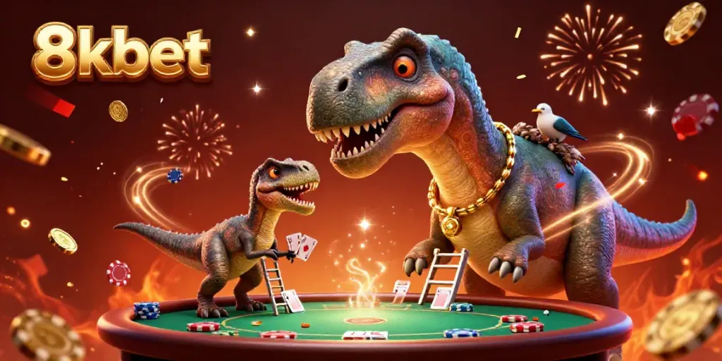 Experience the excitement of 8xbet with a massive brontosaurus in a vibrant casino scene.