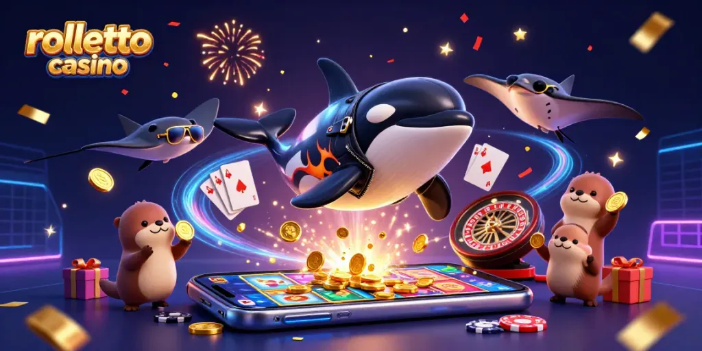 rolletto casino showcases vibrant gaming scene with orca whale, stingray, and otters in action
