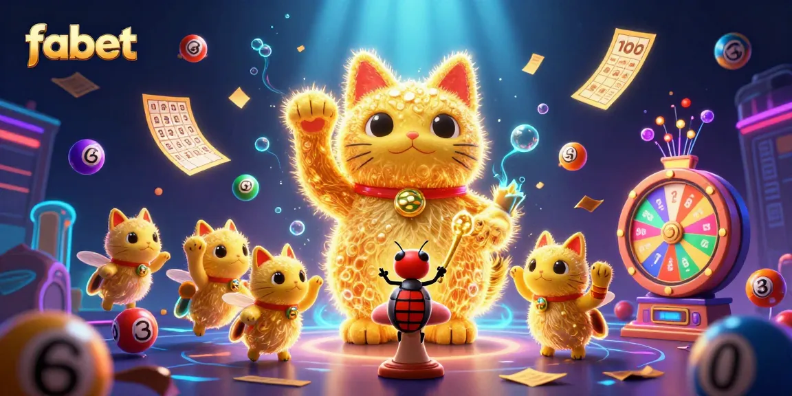 Experience exciting wins with fabet, featuring colorful lottery balls and a lucky cat in a vibrant casino scene.