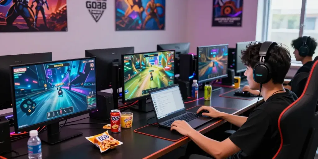 Player engaging with GO88 gaming setup, surrounded by monitors and energy drinks.