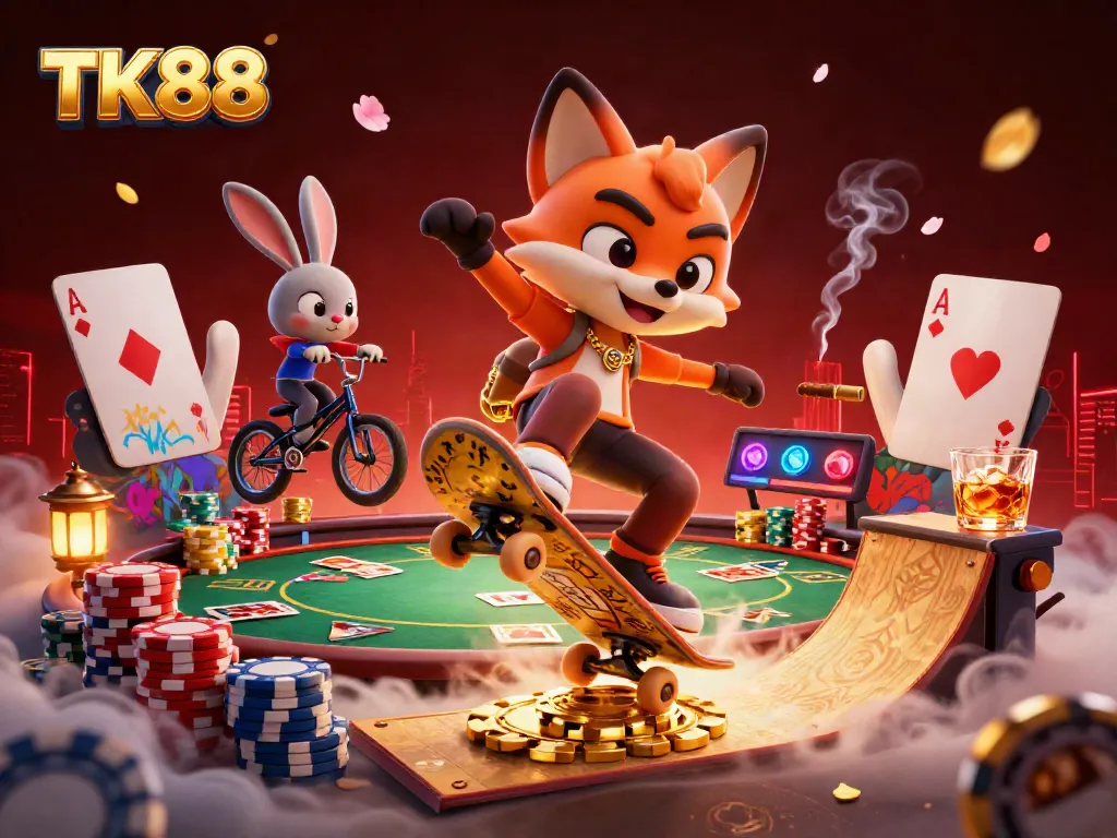 Experience the excitement of TK88 with cartoon characters and casino symbols in a dynamic scene.