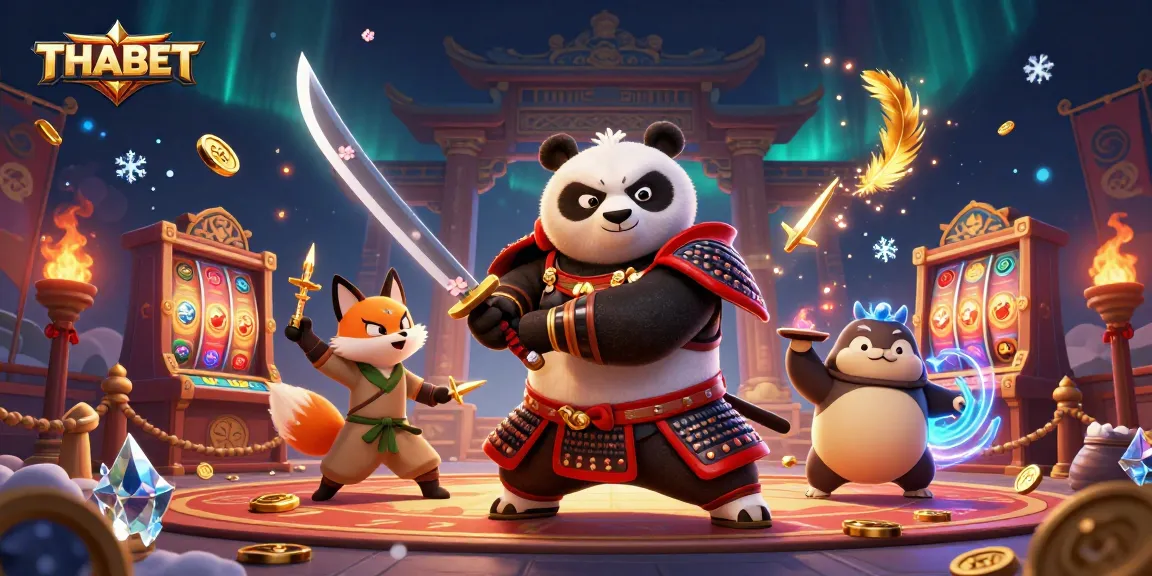 Engage with THABET in a dynamic casino scene featuring a samurai panda, ninja fox, and floating tanuki.