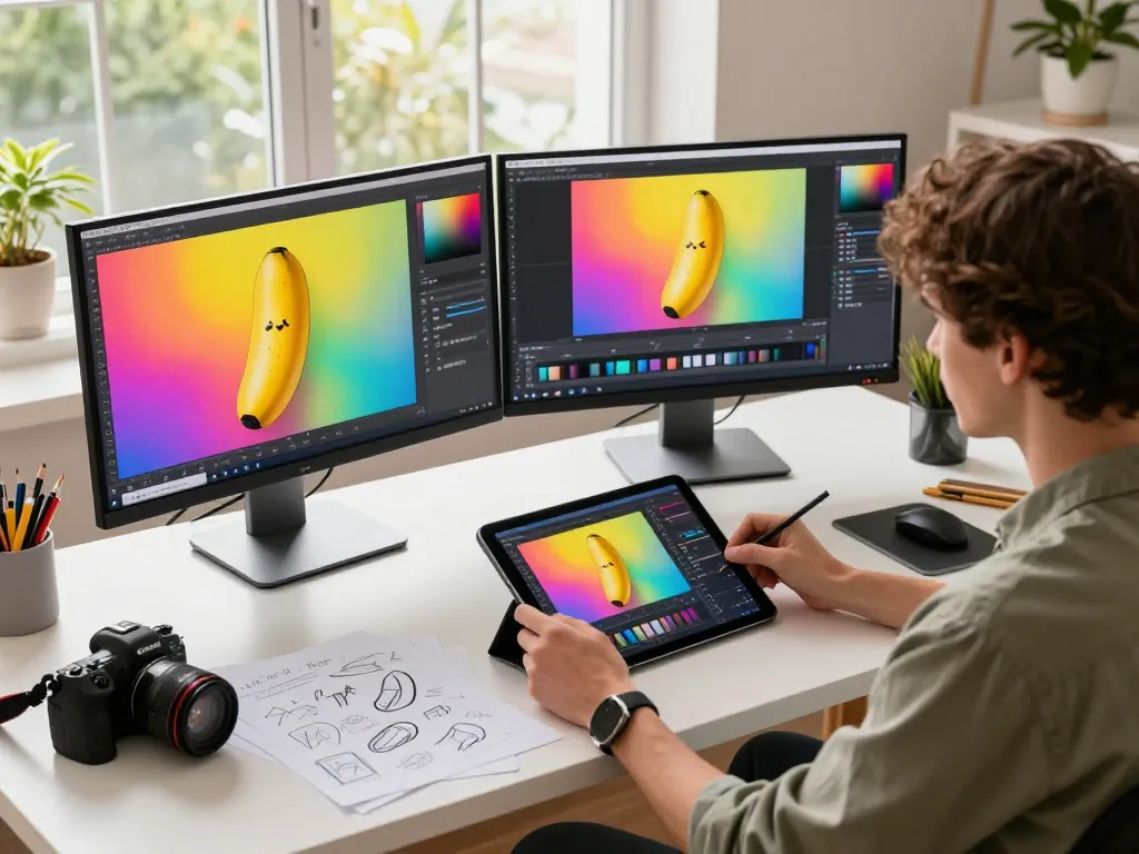Designer utilizing nano banana flash technology for innovative AI image editing in a creative workspace.