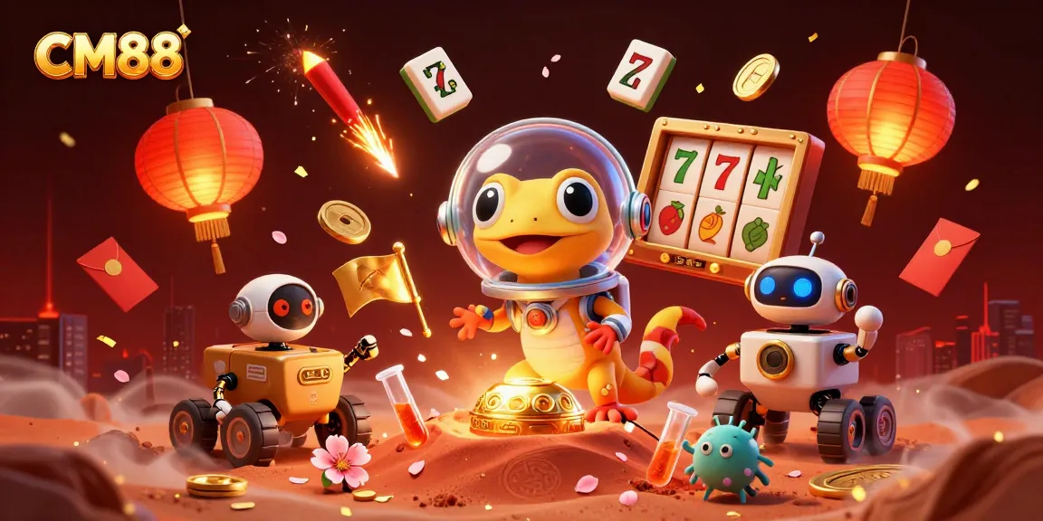 CM88 Martian gecko explores a golden casino on Mars amid festive gambling symbols.