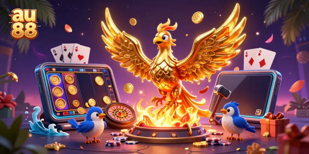 Win with au 88 at the vibrant casino featuring a golden phoenix and game elements.