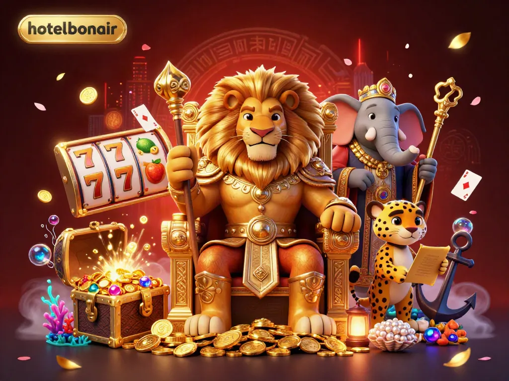 Engage in thrilling slots at hotelbonair, featuring a lion king, elephant, and cheetah in a vibrant 3D scene.