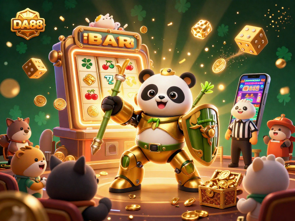 Engage with DA88's vibrant casino scene showcasing a mech-suit panda amidst a jackpot explosion.