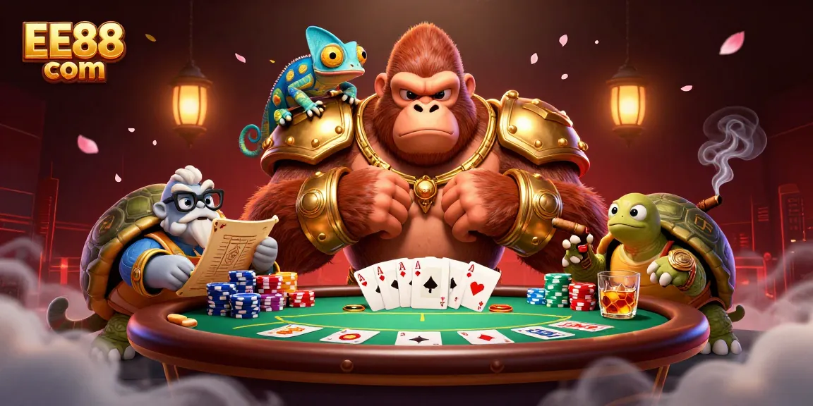 Engage with the excitement of EE88 com, a powerful gorilla king leads a vibrant casino scene filled with poker elements.
