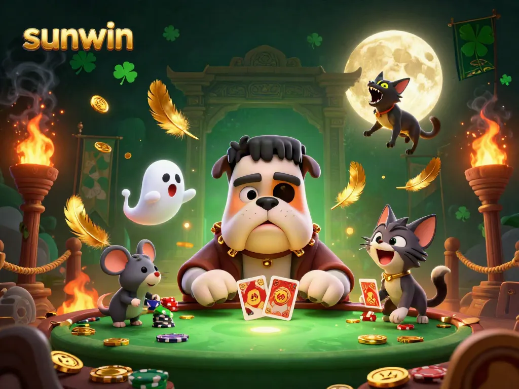 Experience the thrill of sunwin as a cartoon bulldog monster deals cards at a spooky casino table.