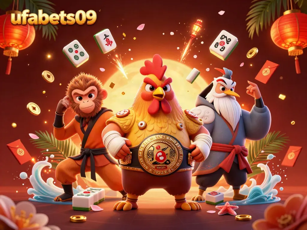 Experience thrilling moments with UFABET09 in a vibrant 3D casino scene filled with captivating characters and dynamic elements.