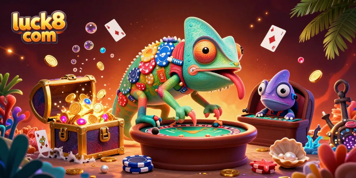 Win big on luck8 com with exciting underwater slots themed scene featuring a chameleon and rich treasures.