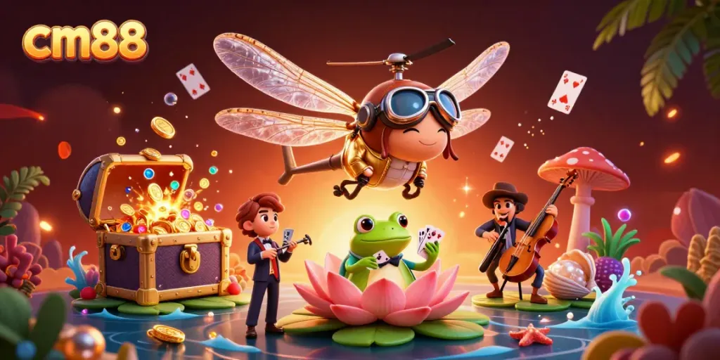 Experience the vibrant gaming world of cm88 with dragonfly pilots and frog croupiers in a lively casino setting.