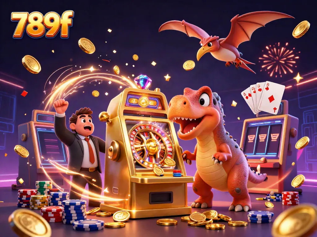 Experience the excitement of 789f as a dinosaur celebrates a big jackpot win in an ultra-detailed casino scene.