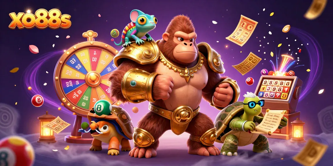 Experience the thrilling world of xo88s with a vibrant 3D casino illustration featuring exciting games and characters.