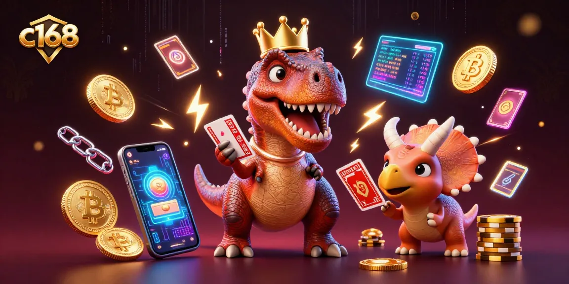 c168 empowers bettors to win with engaging casino illustrations featuring friendly dinosaurs and crypto elements.