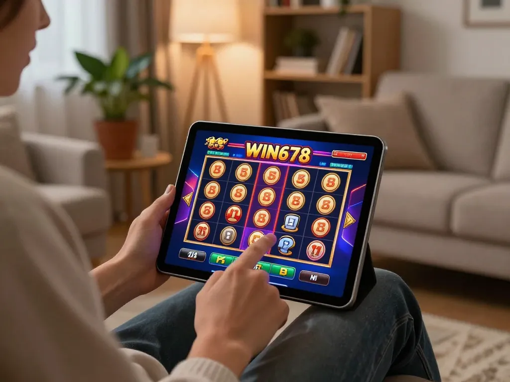 Winning streak on win678 as user engages with lively online slot game on tablet in cozy setting.
