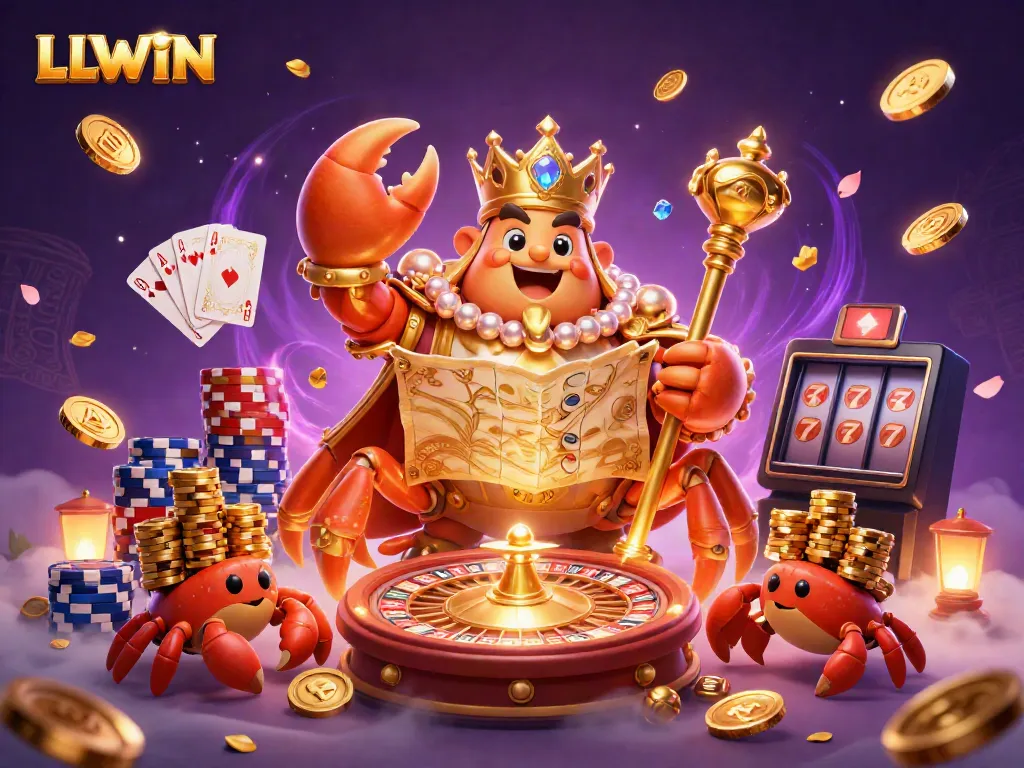 Experience the excitement of LLWIN with a golden crab emperor amidst a vibrant casino scene.