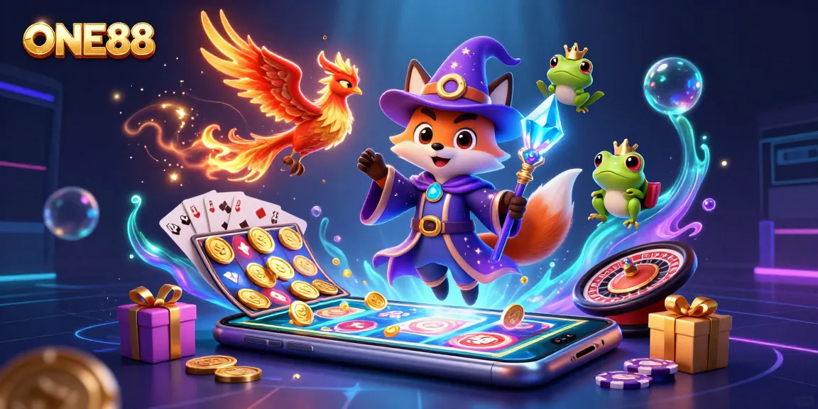 Engage in gaming excitement with ONE88, a dynamic scene featuring a mystical wizard fox and slots.