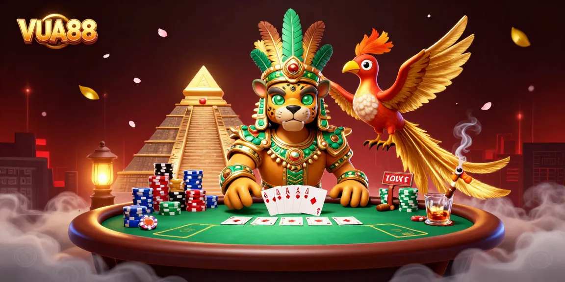 VUA88 captures a vibrant poker scene with a Mayan jaguar priest and colorful game elements.