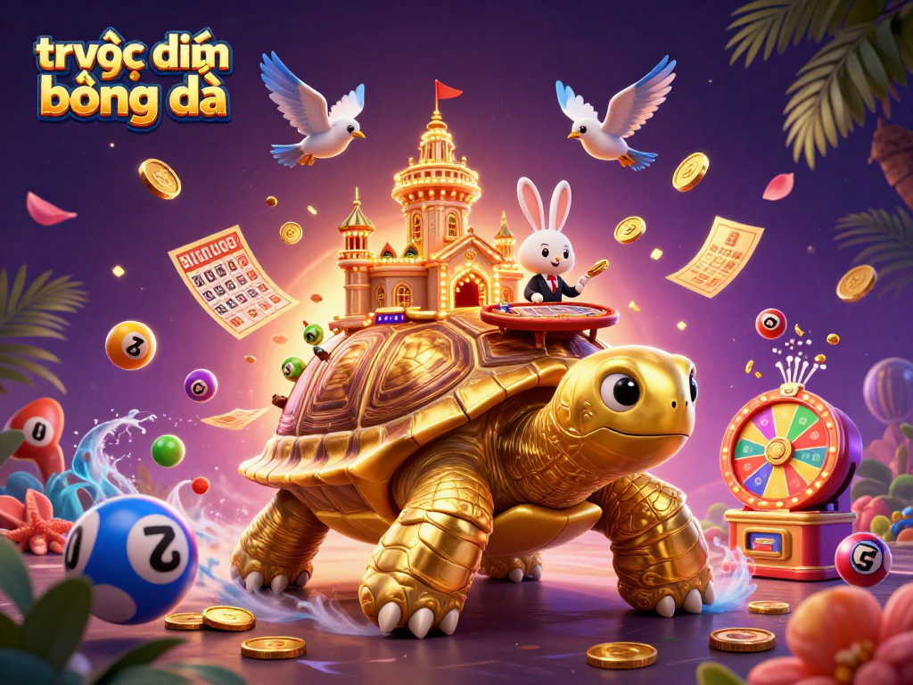 Experience trực tiếp bóng đá with a vibrant 3D scene, featuring golden tortoise and energetic elements.