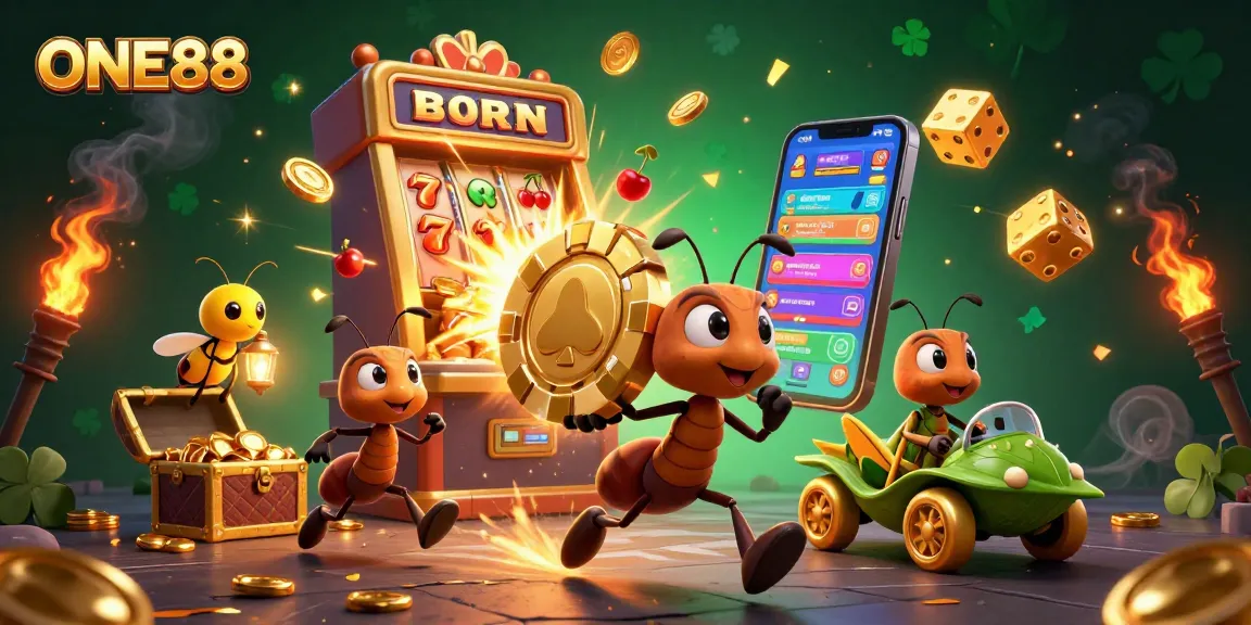 ONE88 casino heist scene with ants and vibrant gambling elements bursting with color and excitement.