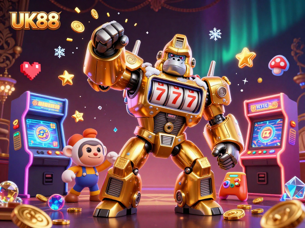 Engage with the thrilling UK88 experience featuring a golden gorilla mech amidst vibrant casino elements.