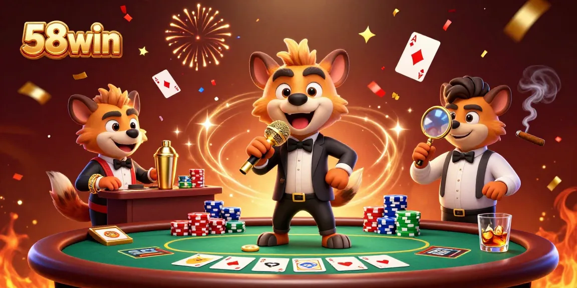 Watch hyenas bring laughter to 58win with cocktails and poker excitement in a vibrant casino scene.