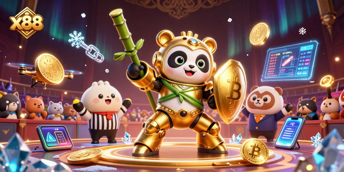 Engage with x88's immersive 3D casino experience featuring a panda in a mech suit.