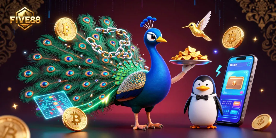 Experience the vibrant world of FIVE88 with an extravagant illustration of unique casino characters and crypto elements.