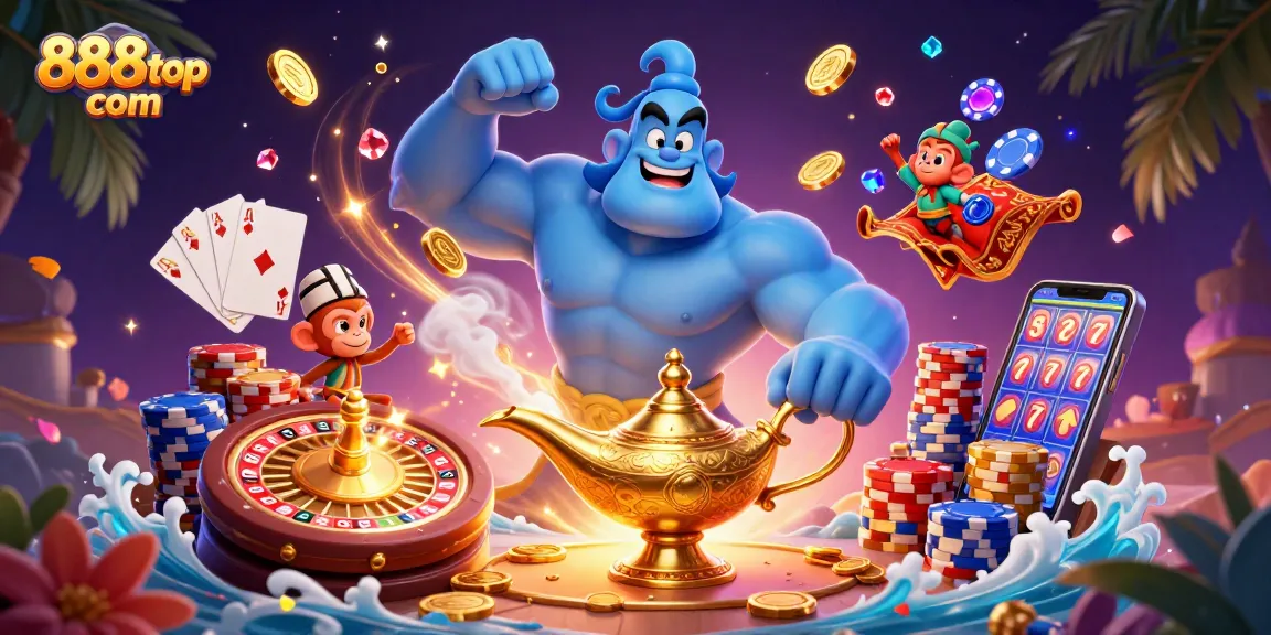 Experience the magic of 888top com with a stunning genie, poker chips, and casino games.